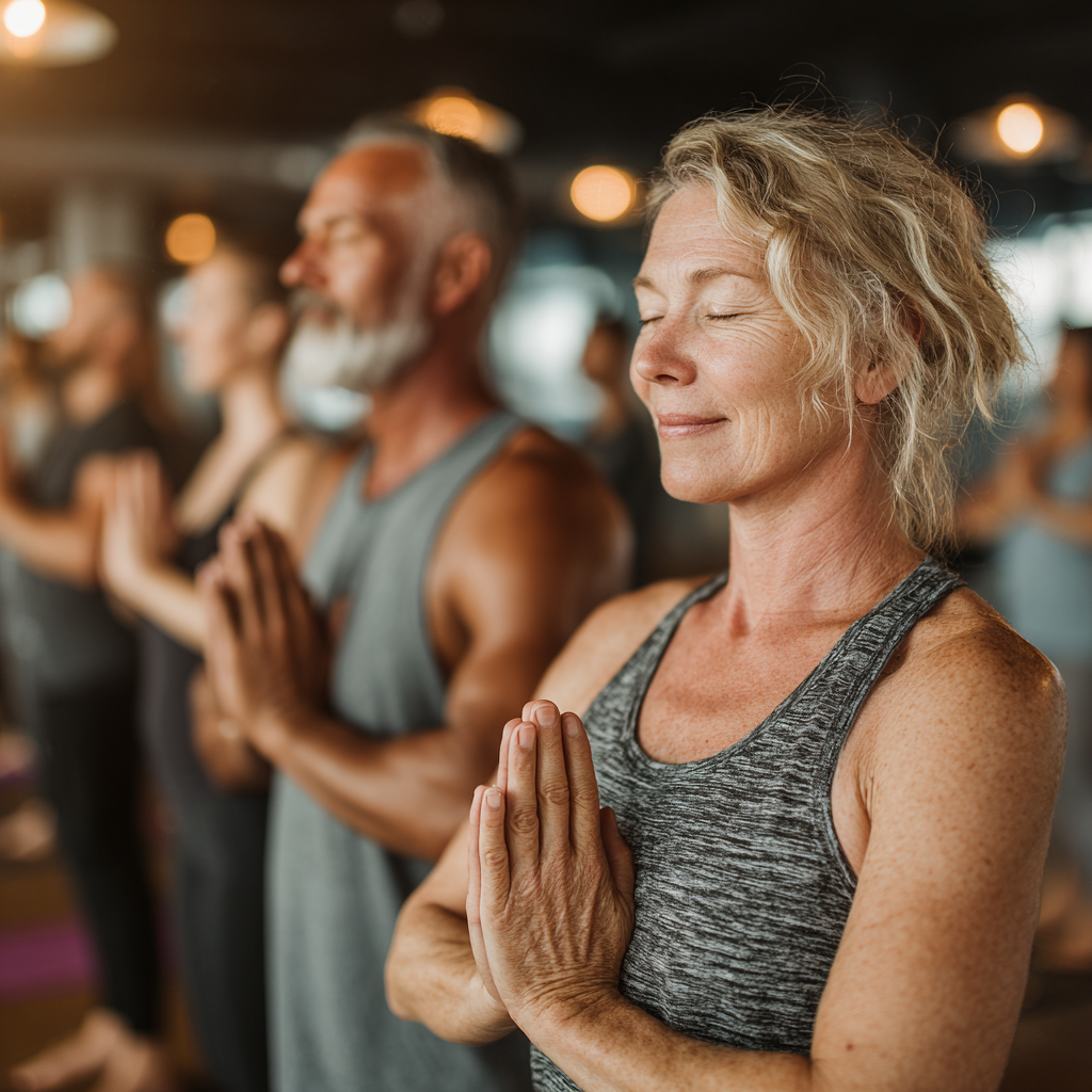 Group of middle-aged adults around 45-50 years old practicing yoga together in modern studio space, showing community and wellness focus